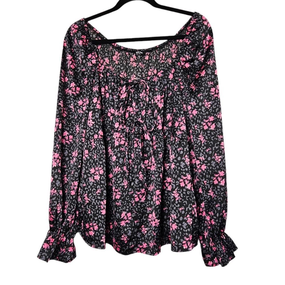 Simply B Size 16 Top Blouse Black Pink Dark Floral Peasant Balloon Sleeve Ties ~